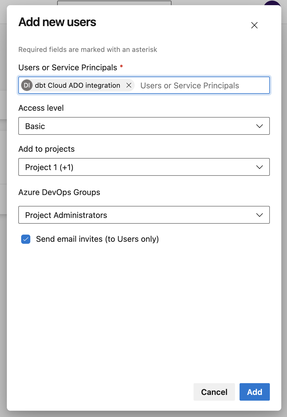 Example setup with the service principal added as a user. Example setup with the service principal added as a user.