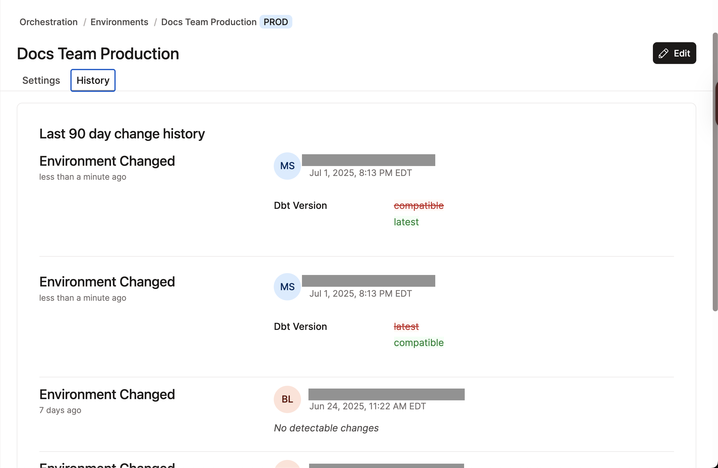 Example of the environment history option. Example of the environment history option.